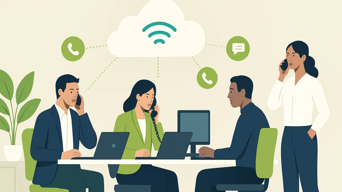 Ofis ortamında telefon ve bilgisayar kullanan insanlar, bulut iletişim teknolojisini gösteriyor.