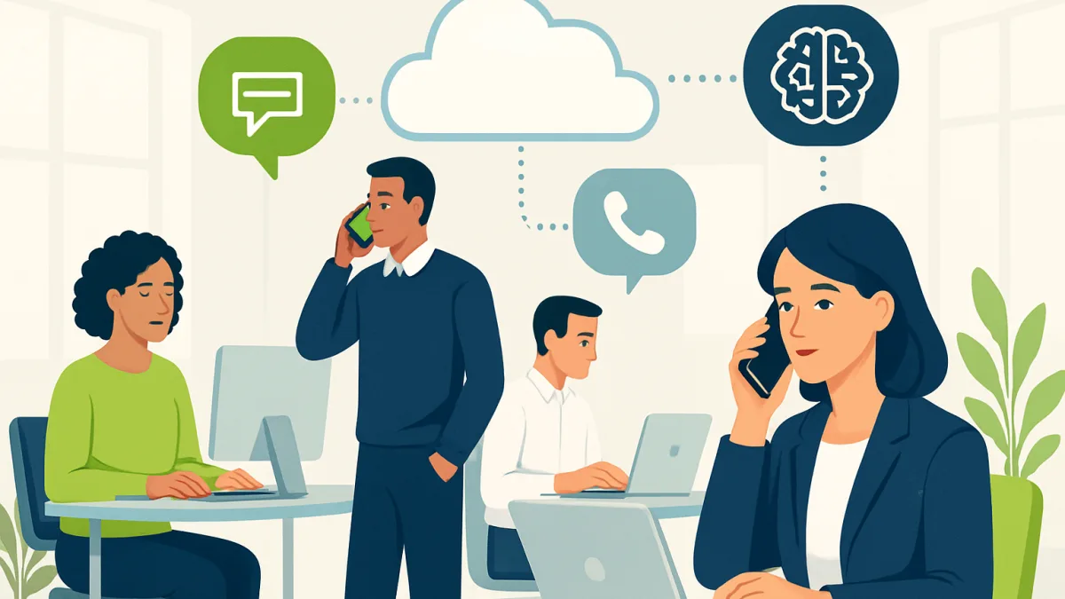 Modern ofis ortamında telefon ve bilgisayar kullanan insanlar, bulut teknolojisi ile iletişim
