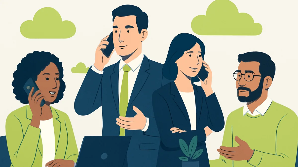 Ofis ortamında telefonla konuşan insanları gösteren bir görsel.