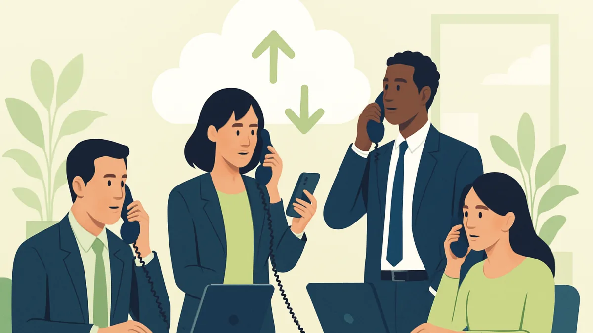 Modern ofis ortamında telefon kullanan insanlar ve bulut teknolojisi