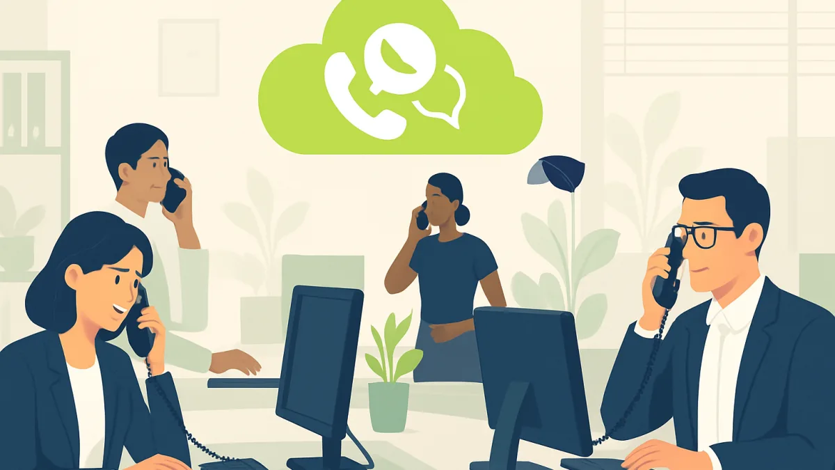 Ofis ortamında telefon ve bilgisayar kullanan insanlar, bulut iletişim teknolojisi