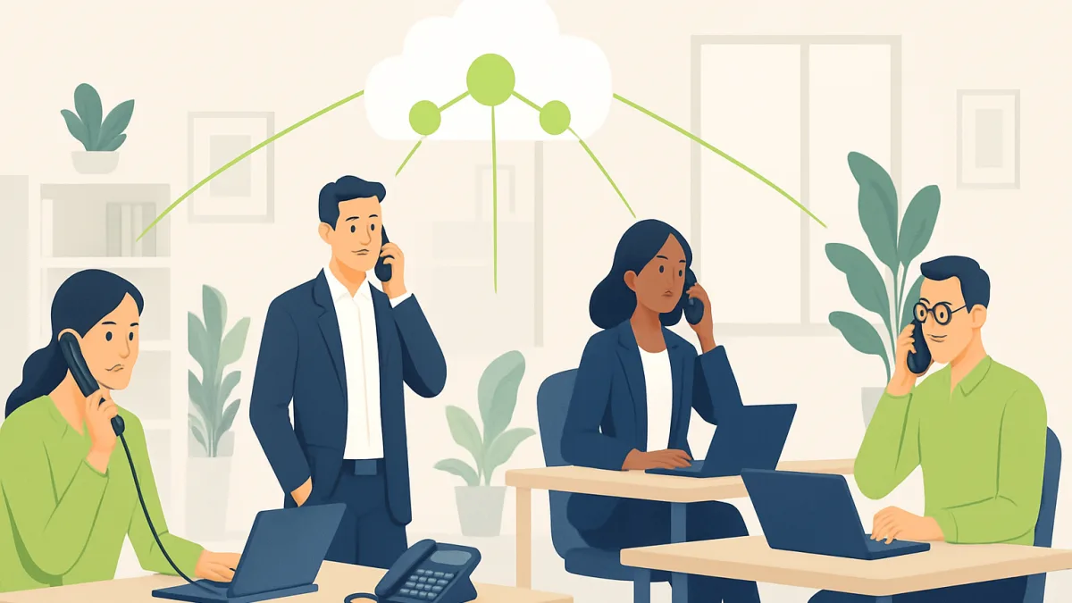 İnsanların telefonla iletişim kurduğu modern bir ofis ortamı